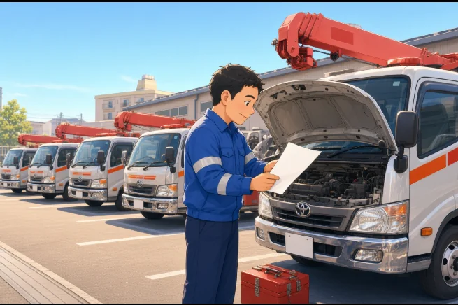 朝の待機所で車両を点検する隊員のイラスト