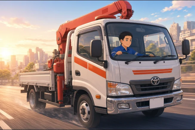レッカー車で現場へ向かう隊員のイラスト