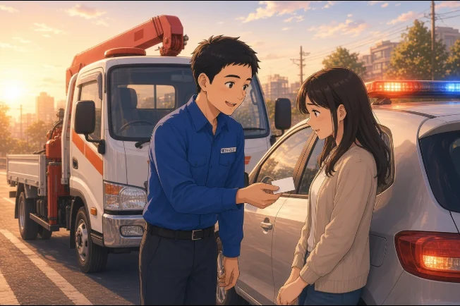 お客様に挨拶して名刺を渡す隊員のイラスト